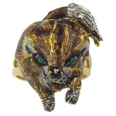 18 Karat Yellow Gold and Diamond Enamel Tiger Ring