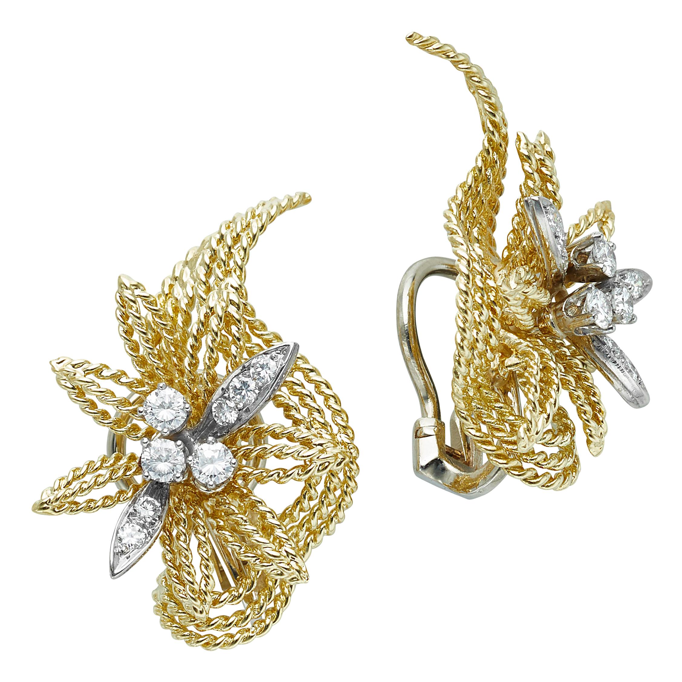 18 Karat Yellow Gold and Diamond Floral Leaf Earrings