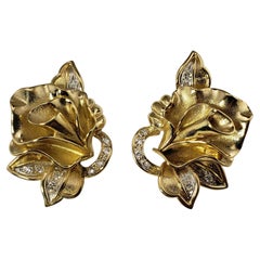 Vintage 18 Karat Yellow Gold and Diamond Flower Earrings