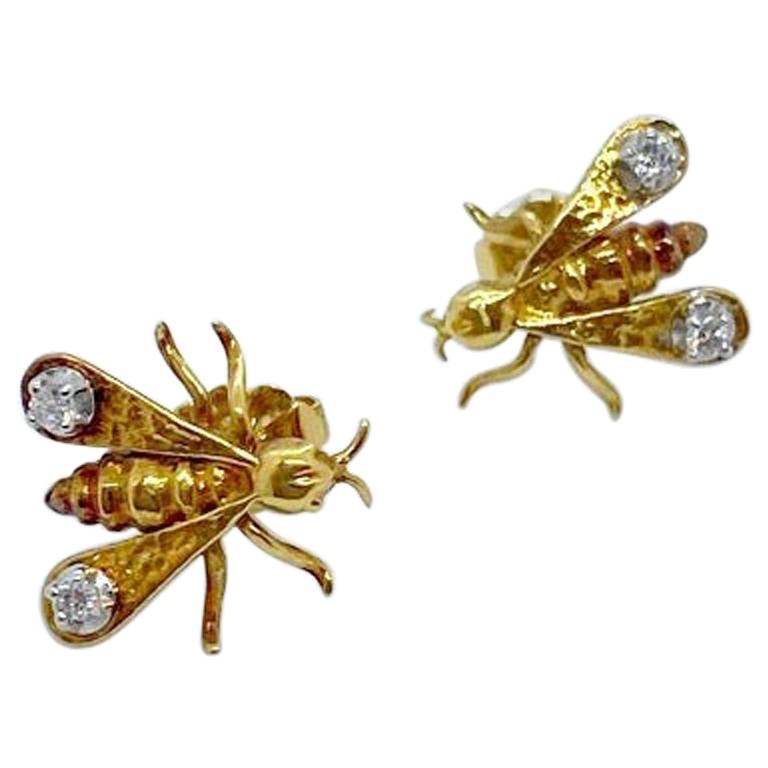 18 Karat Yellow Gold and Diamond Fly Earrings For Sale