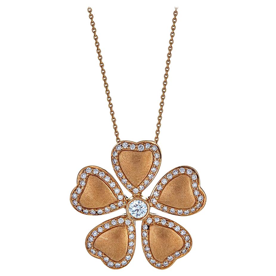 18 Karat Yellow Gold and Diamond Flower Pendant Necklace Contemporary Design