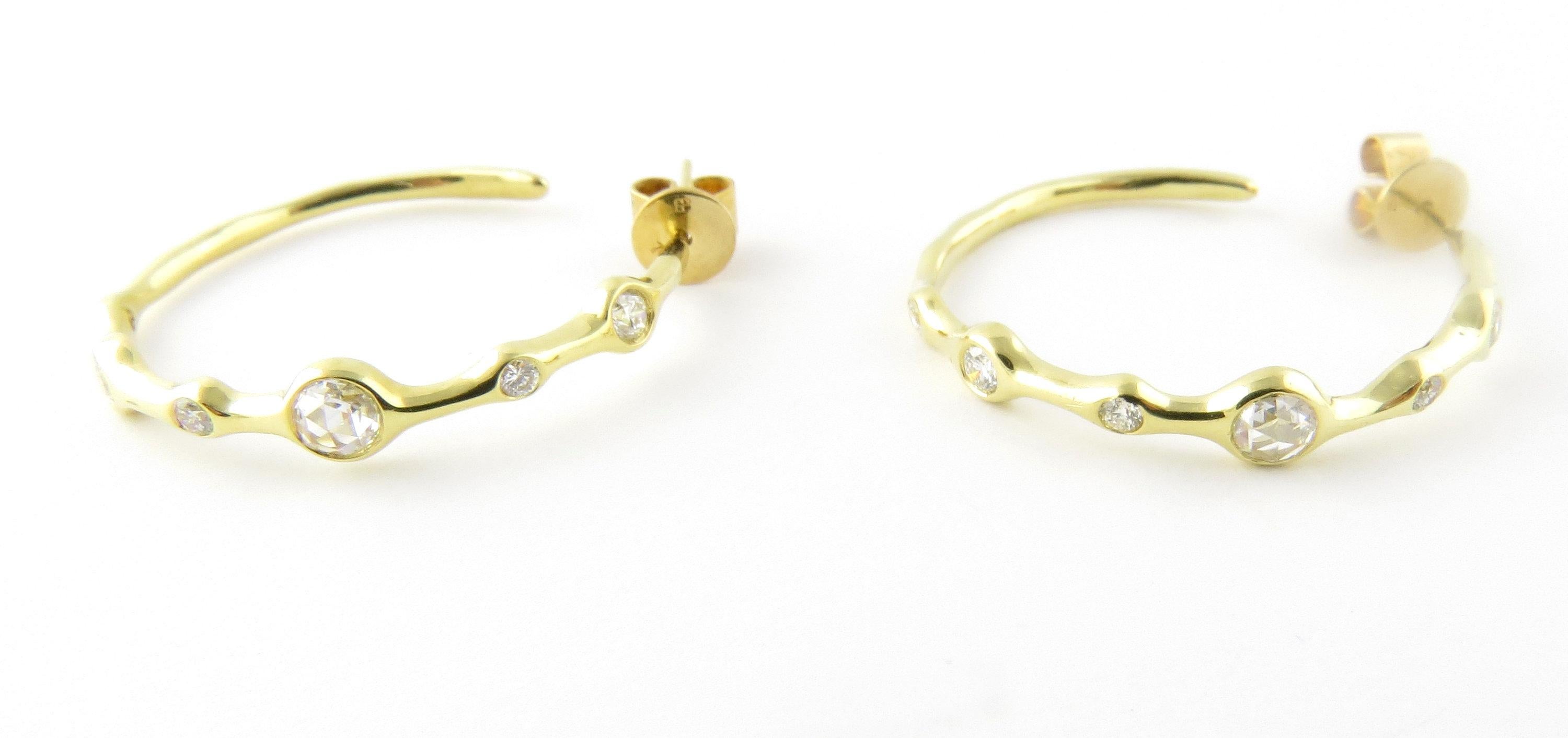 Vintage 18 Karat Yellow Gold and Diamond Hoop Earrings- 
These dazzling earrings each feature six round brilliant cut diamonds (.41 ct. each earring) set in beautifully detailed 18K yellow gold. Push back closures. 
Approximate total diamond weight: