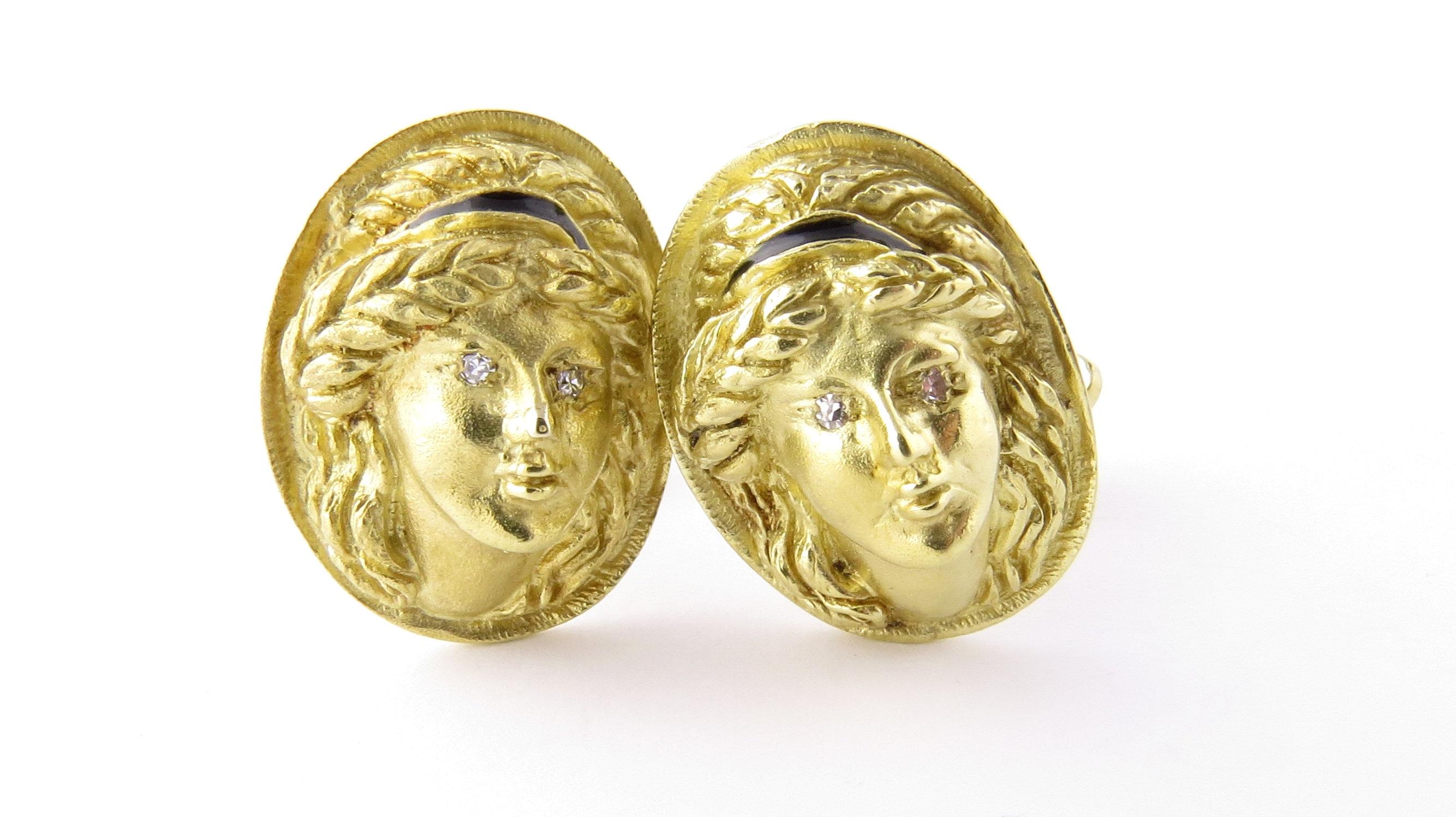 Vintage 18 Karat Yellow Gold and Diamond La Triomphe Cufflinks-

A true work of art!

These elegant cufflinks each feature a 3D goddess detailed with two round single cut diamonds and crafted in beautifully detailed 18K yellow gold.

Approximate