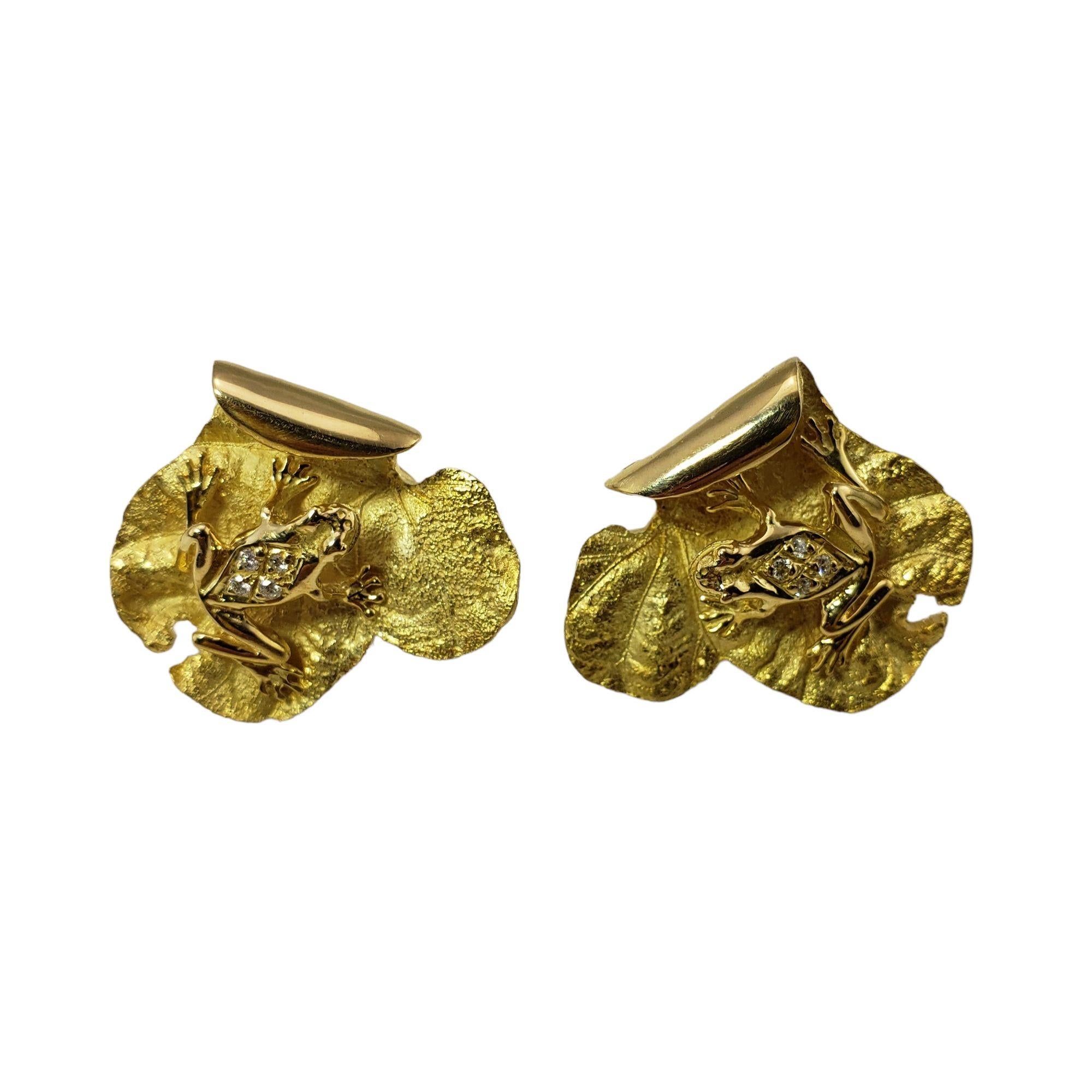 Round Cut 18 Karat Yellow Gold and Diamond Lily Pad with Frog Earrings