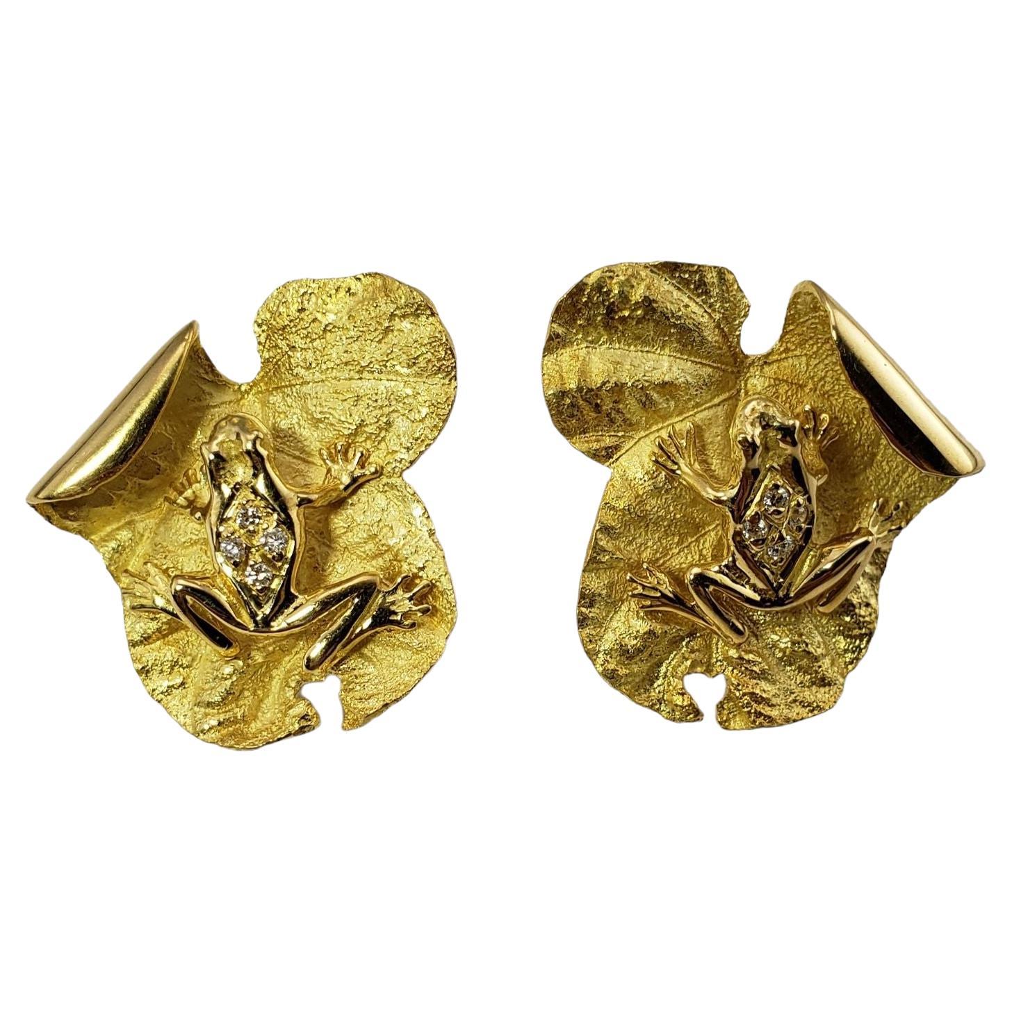18 Karat Yellow Gold and Diamond Lily Pad with Frog Earrings