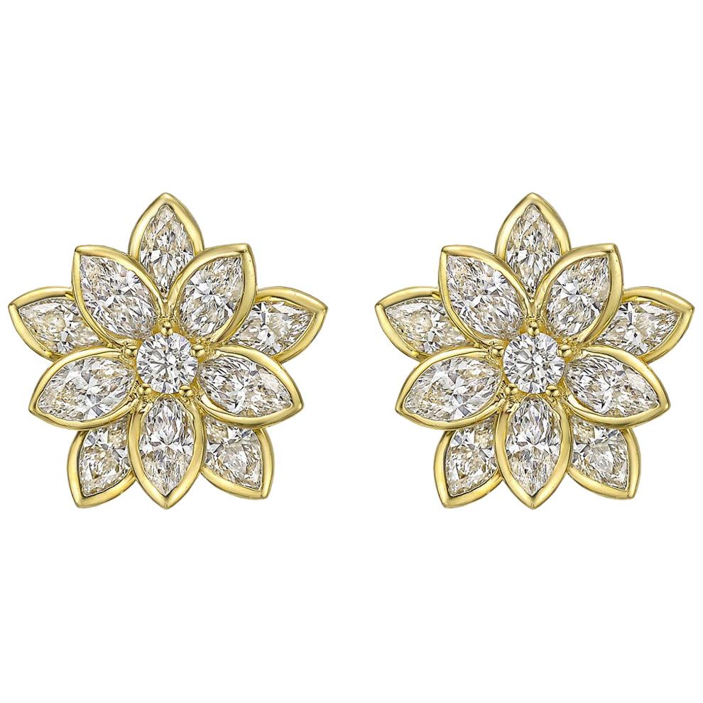 18 Karat Yellow Gold and Diamond Lotus Flower Earrings