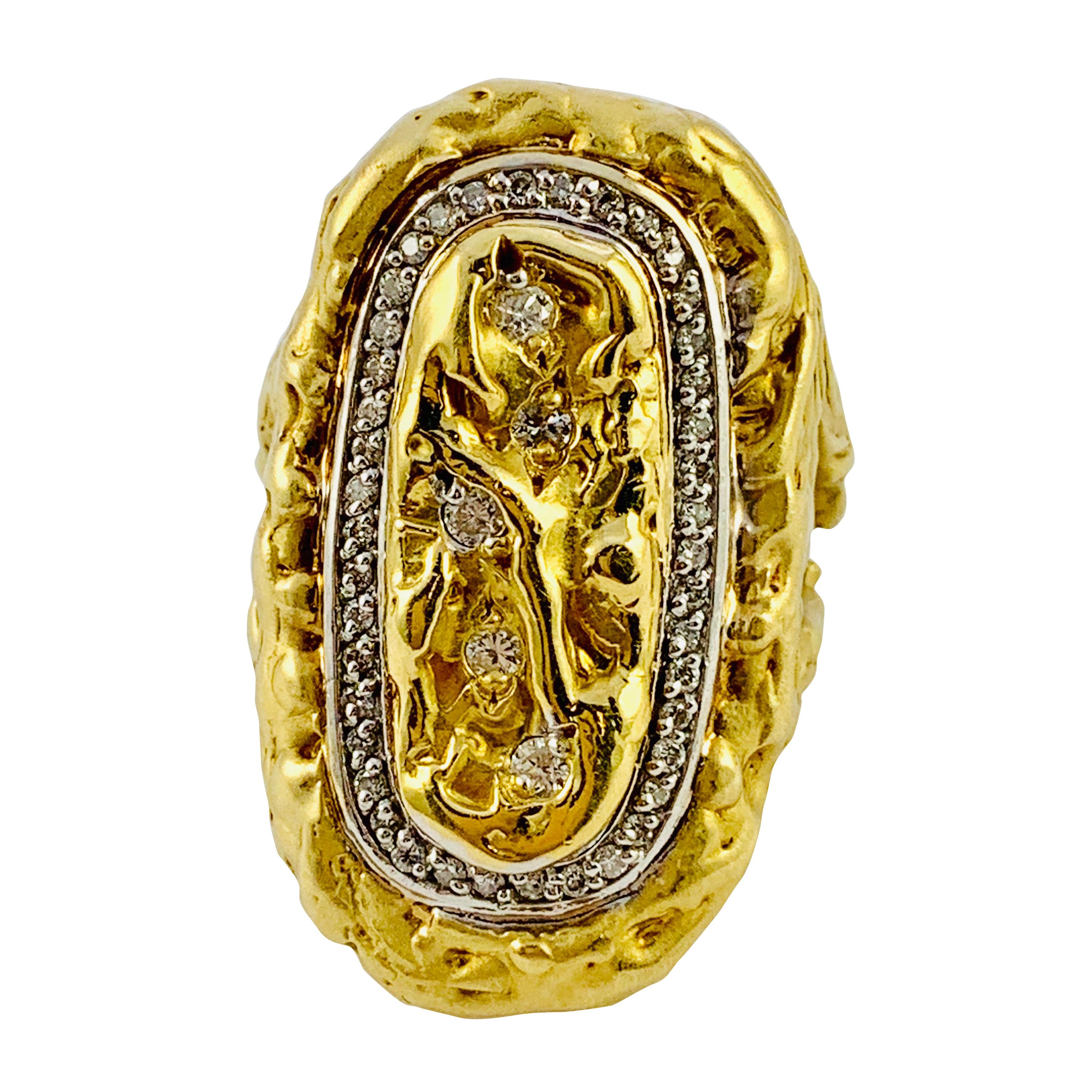18 Karat Yellow Gold and Diamond Oblong Saddle Ring