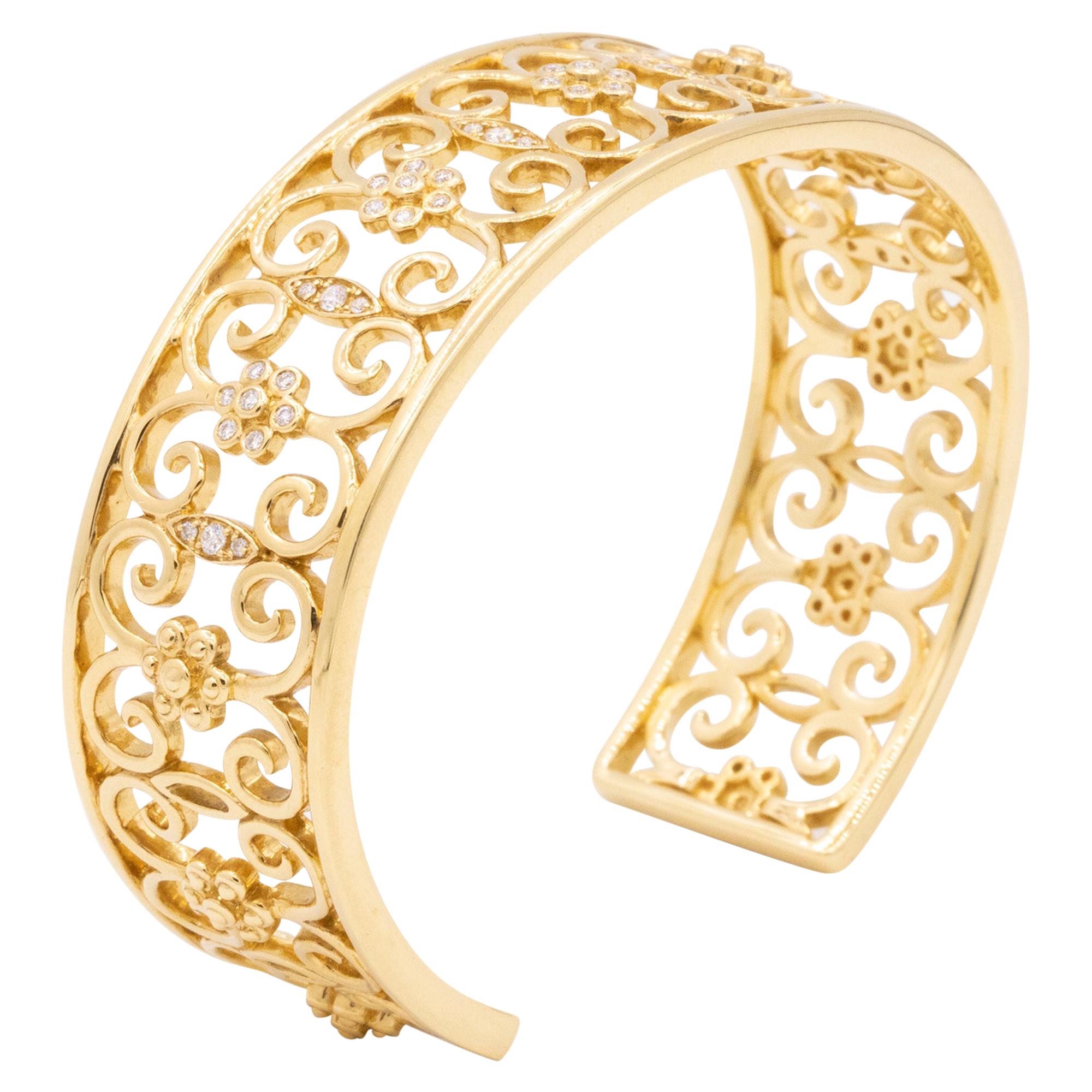 18 Karat Yellow Gold and Diamond Open Cuff Arabesque Bracelet-Retail $5995