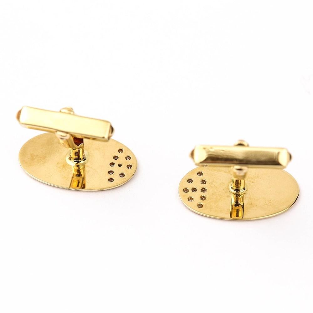 18 Karat Yellow Gold and Diamond Oval Cufflinks, English, circa 1970s, in Box In Good Condition In Lancashire, Oldham