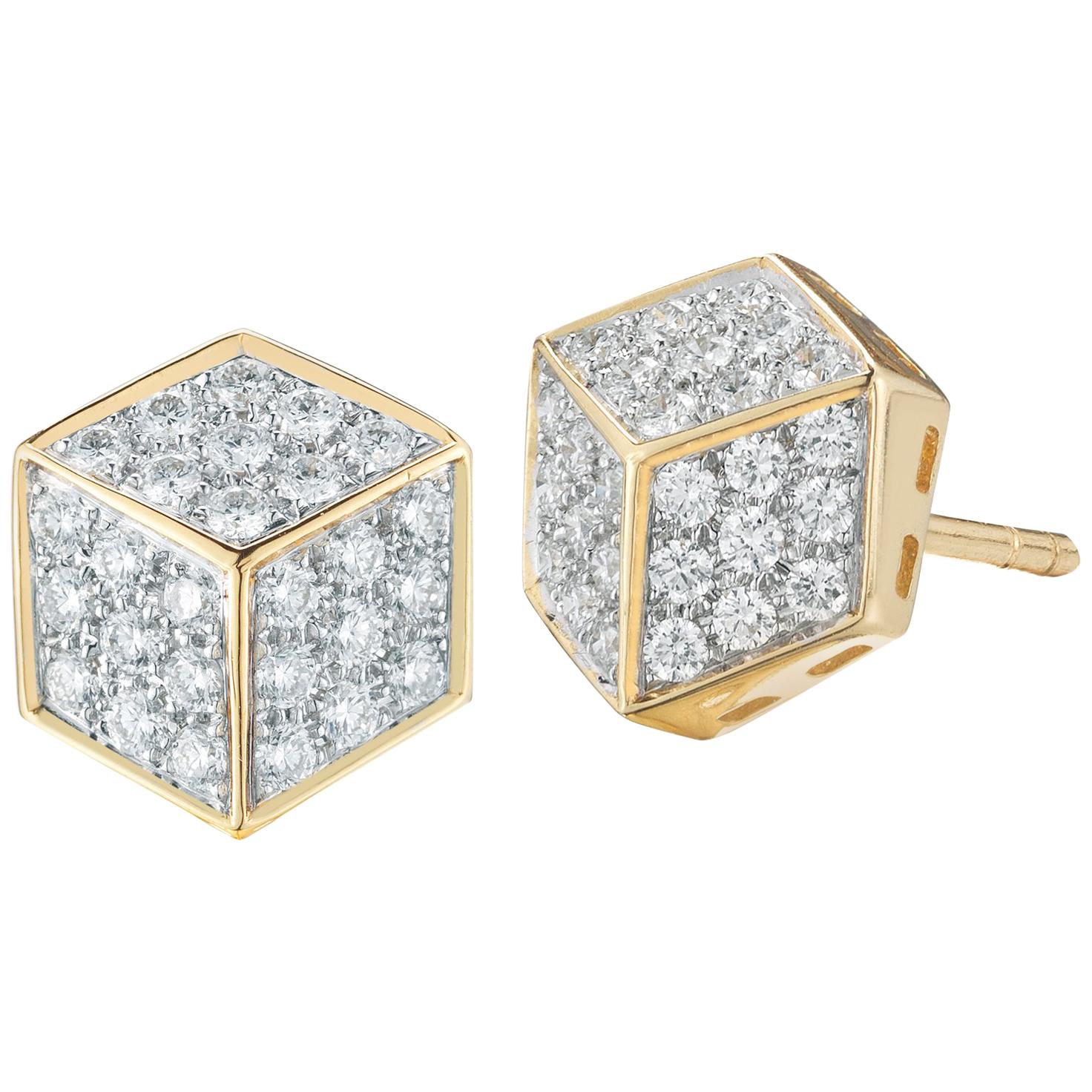 Paolo Costagli 18 Karat Yellow Gold and Diamond Pave Brillante Stud Earrings For Sale