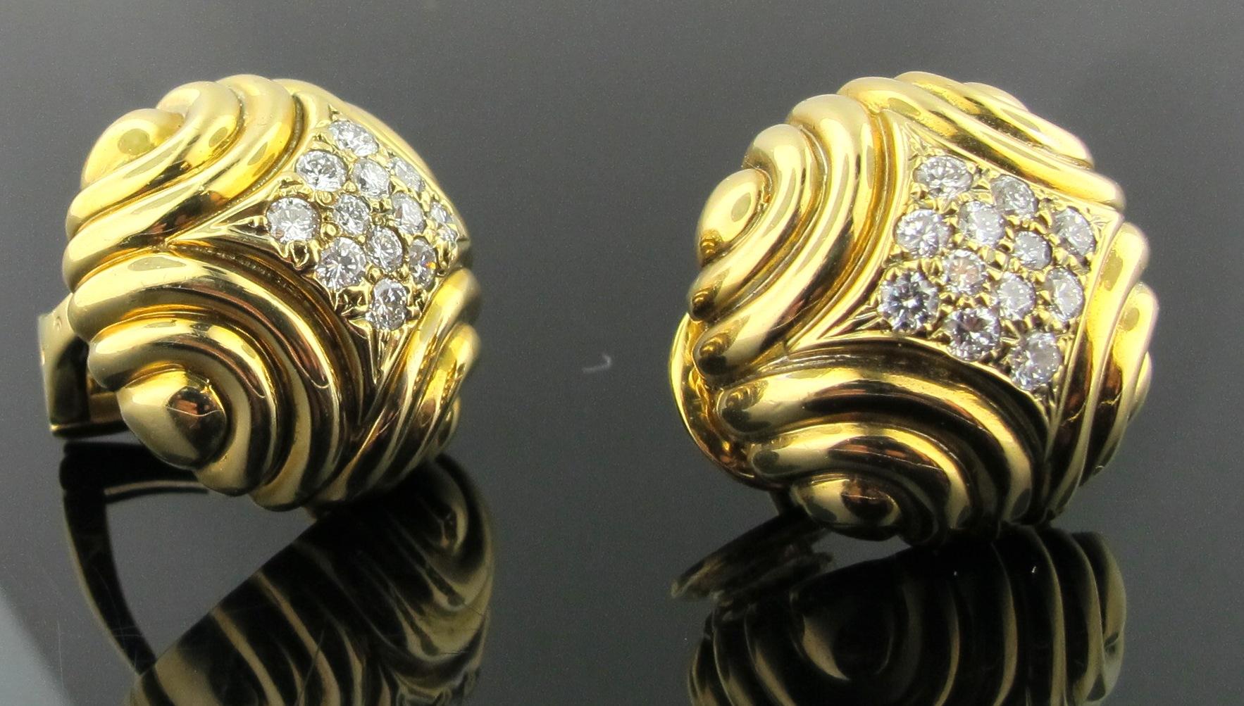 Women's or Men's 18 Karat Yellow Gold and Diamond Pave Earrings