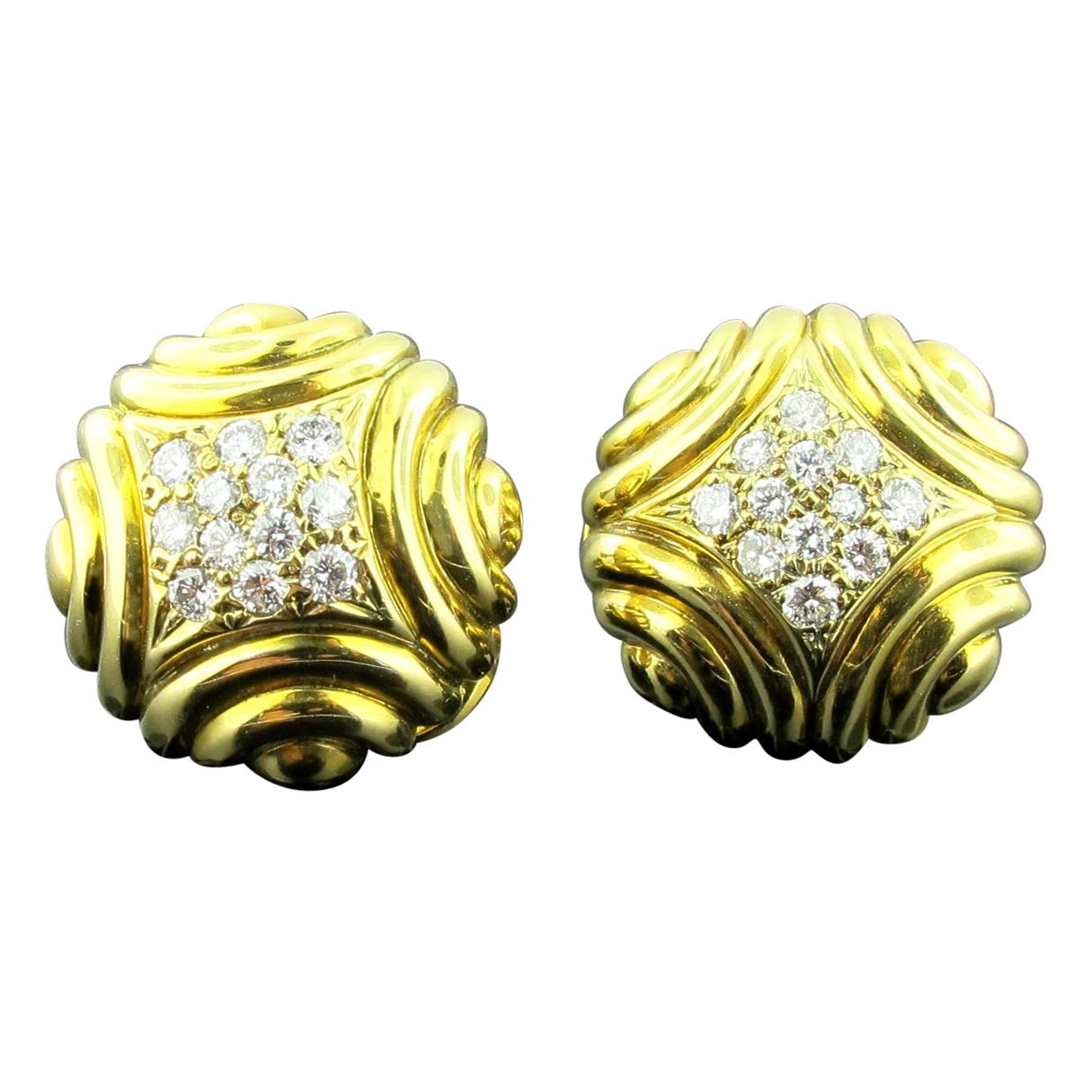 18 Karat Yellow Gold and Diamond Pave Earrings
