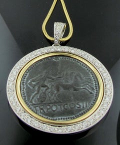 18 Karat Yellow Gold and Diamond Pendant with Roman Coin Center