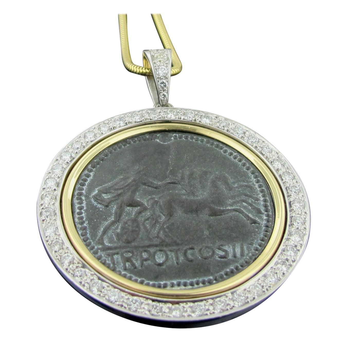 18 Karat Yellow Gold and Diamond Pendant with Roman Coin Center For Sale