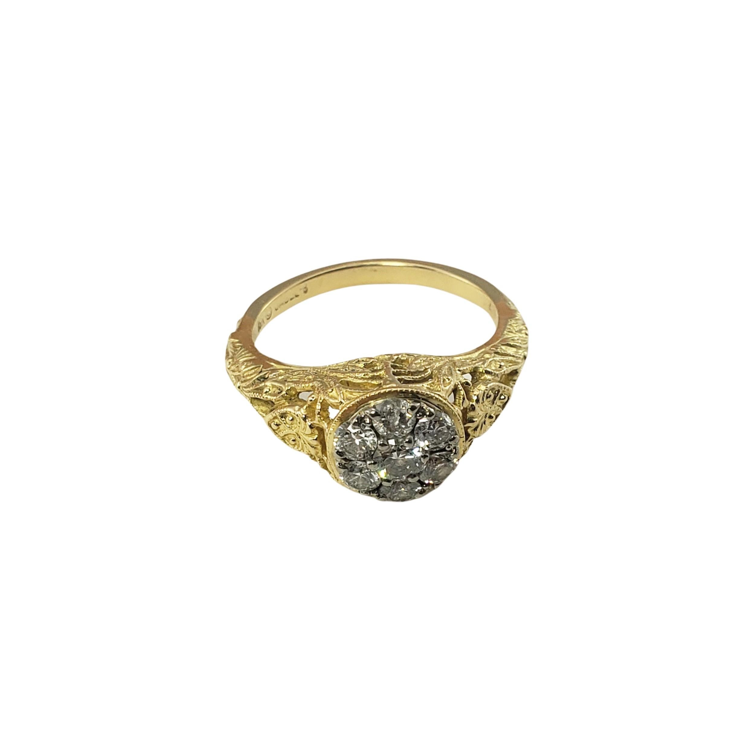 18 Karat Yellow Gold and Diamond Ring Size 5.5-

This sparkling ring features seven round brilliant cut diamonds set in classic 18K yellow gold.  Width:  9 mm.  Shank:  1.5 mm.

Approximate total diamond weight:  .45 ct.

Diamond color: H-I

Diamond
