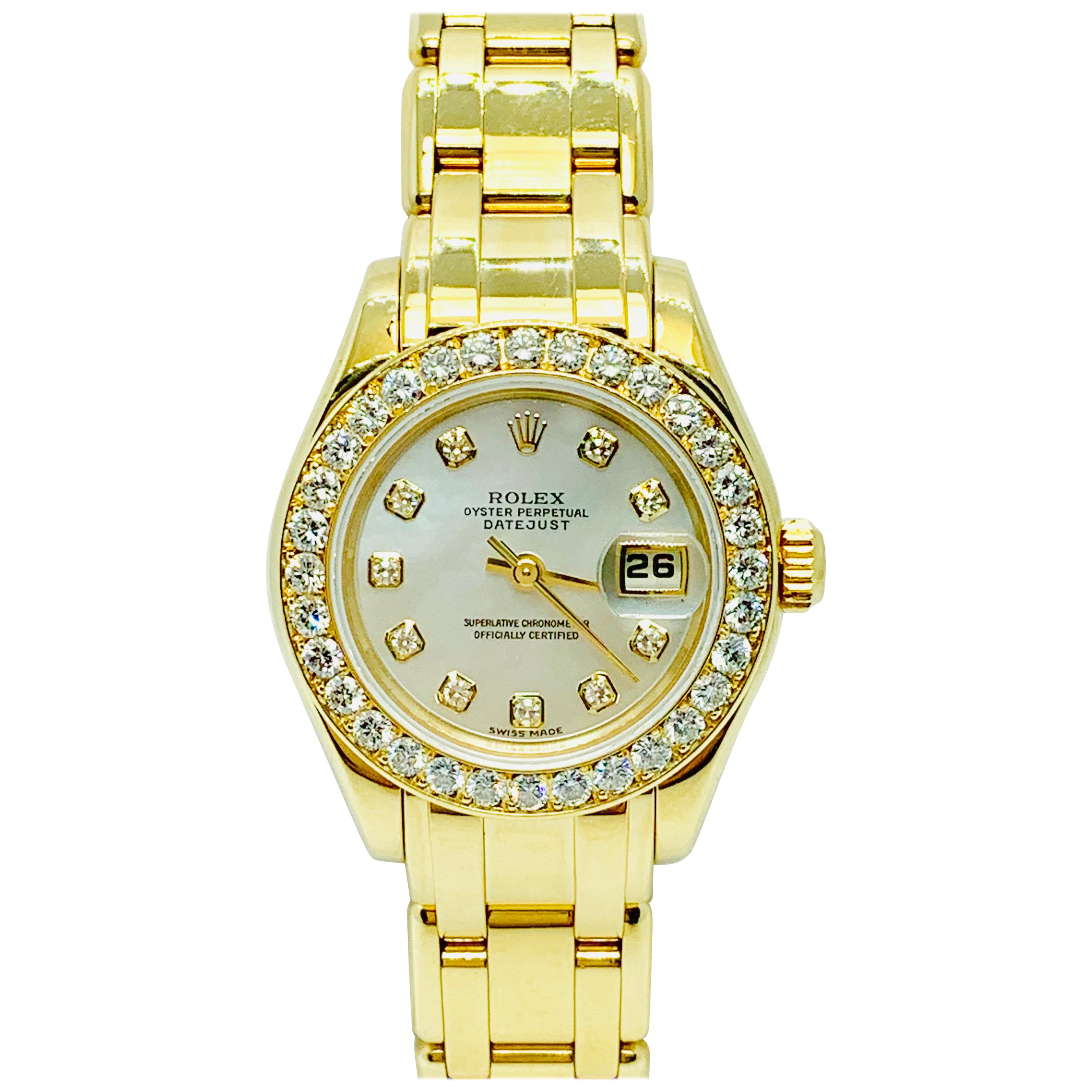 18 Karat Yellow Gold and Diamond Rolex 1995 Pearlmaster Mother of Pearl Dial