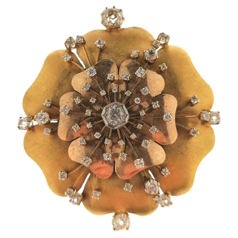 18 Karat Yellow Gold and Diamond Six Leaf Clover Brooch For Sale