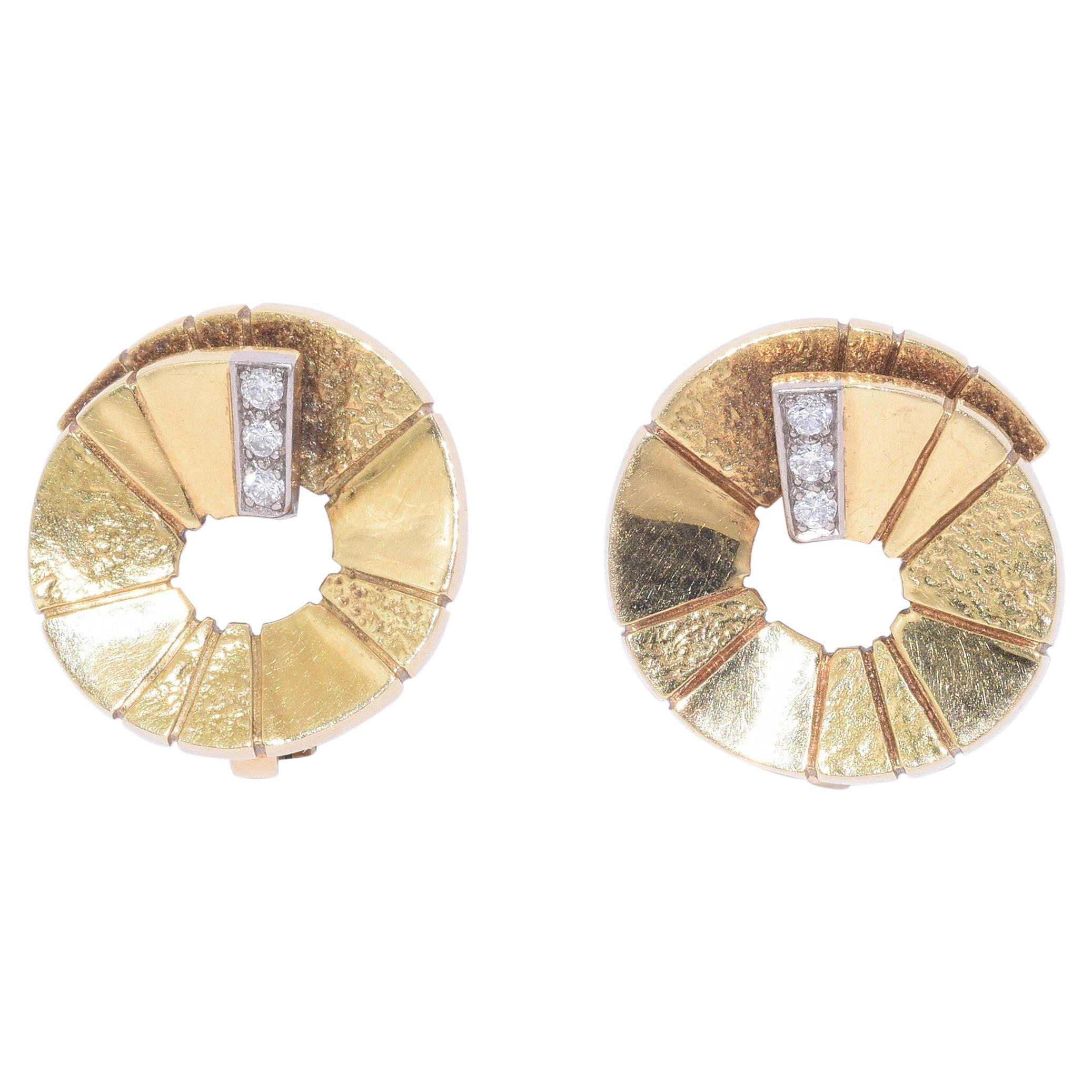 18 Karat Yellow Gold and Diamond Spiral Earrings, circa 1980s