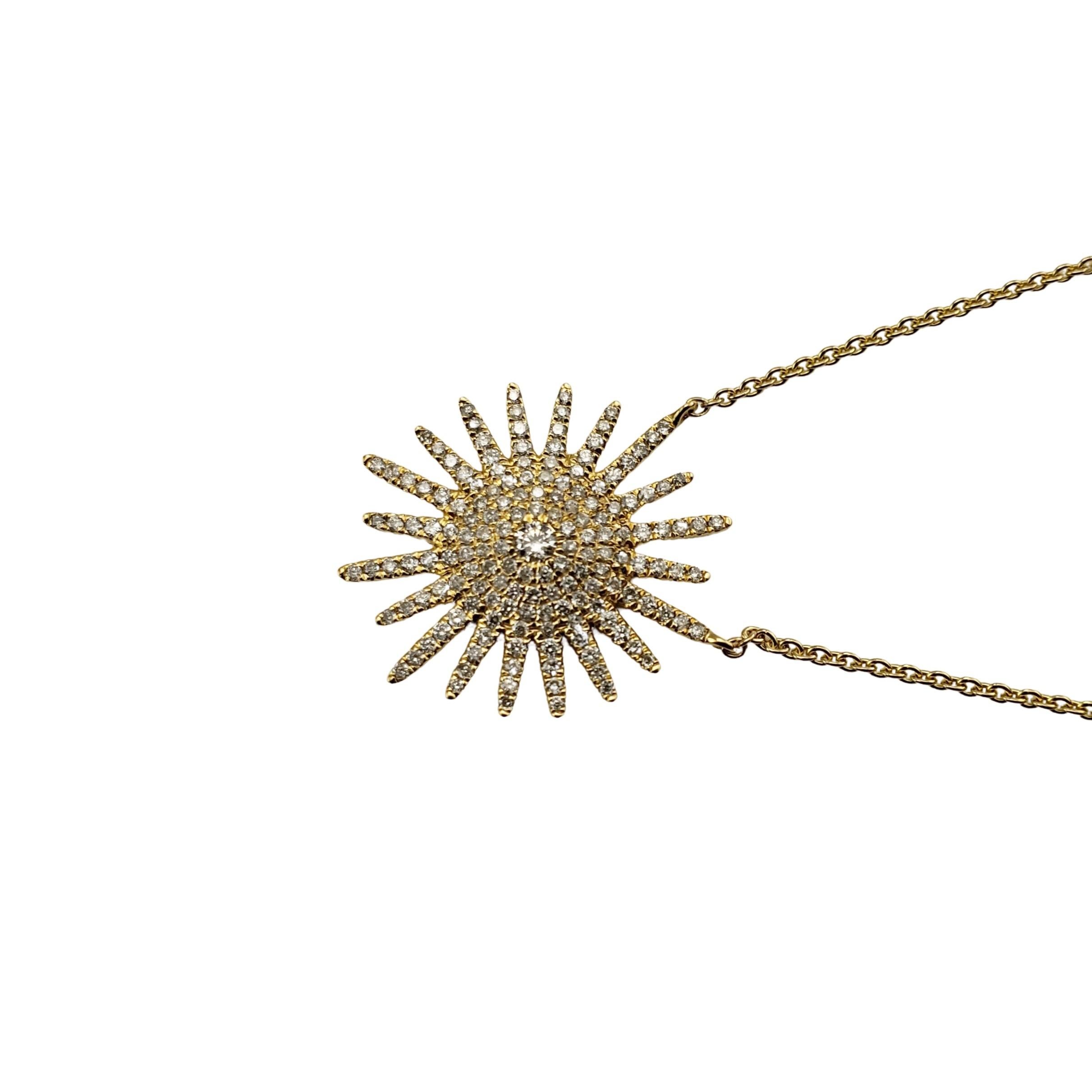 18 Karat Yellow Gold and Diamond Starburst Necklace-

This sparkling necklace features 160 round brilliant cut diamonds set in beautifully detailed 18K yellow gold.

Approximate total diamond weight:  .83 ct.

Diamond color: I-J

Diamond clarity: