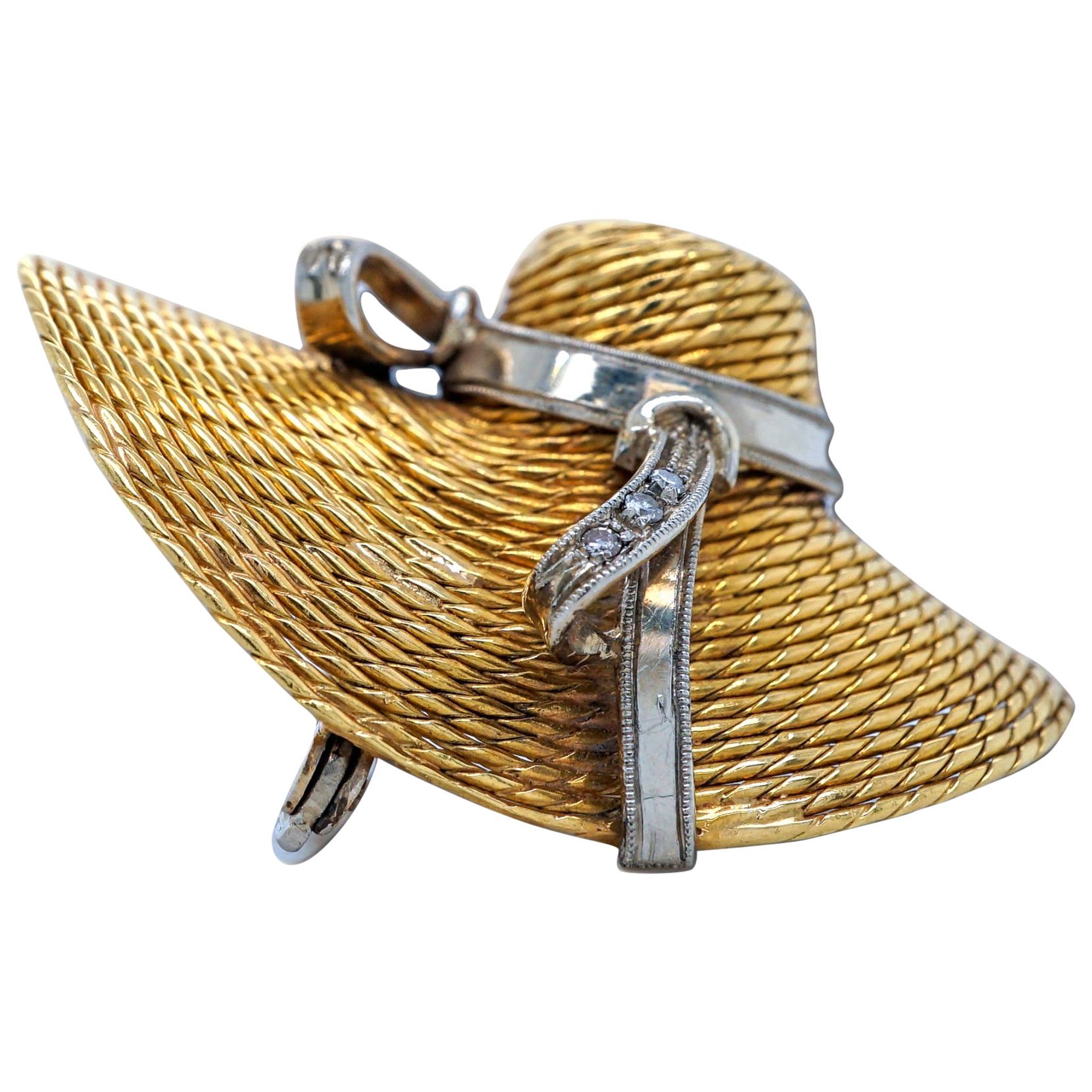 18 Karat Yellow Gold and Diamond Straw Hat Brooch For Sale