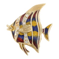 18 Karat Yellow Gold and Diamond Tropical Fish Pin EN978D
