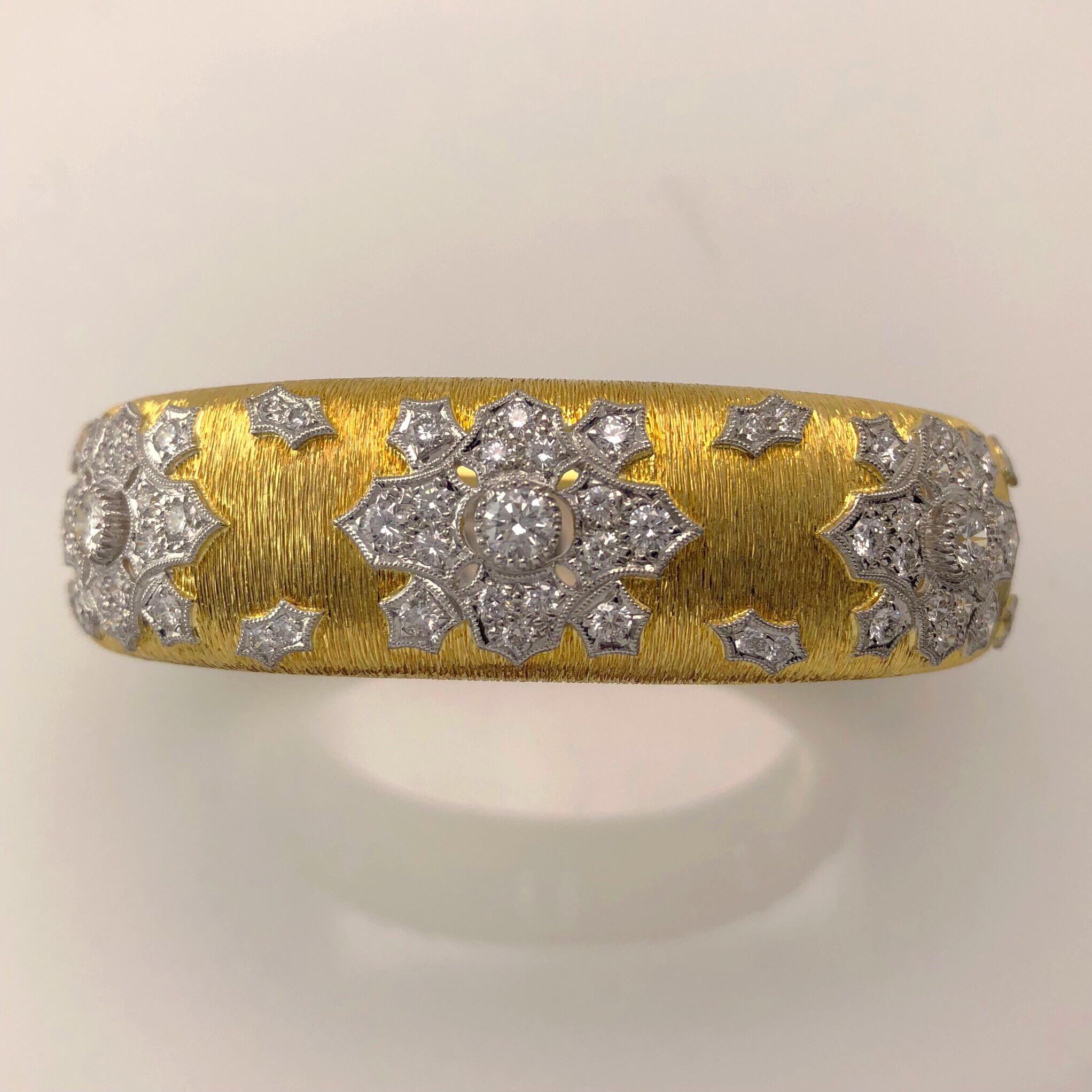 Contemporary 18 Karat Yellow Gold and Diamond Wide Bangle Bracelet