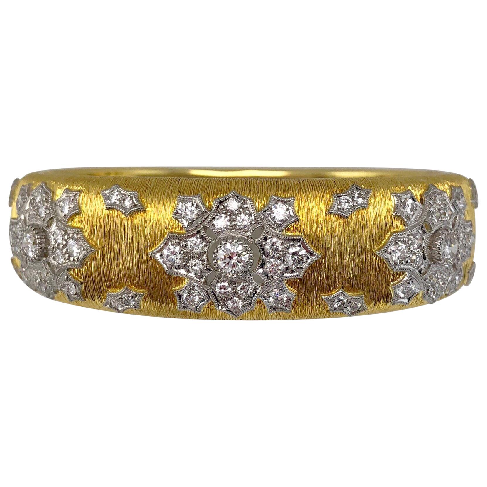 18 Karat Yellow Gold and Diamond Wide Bangle Bracelet