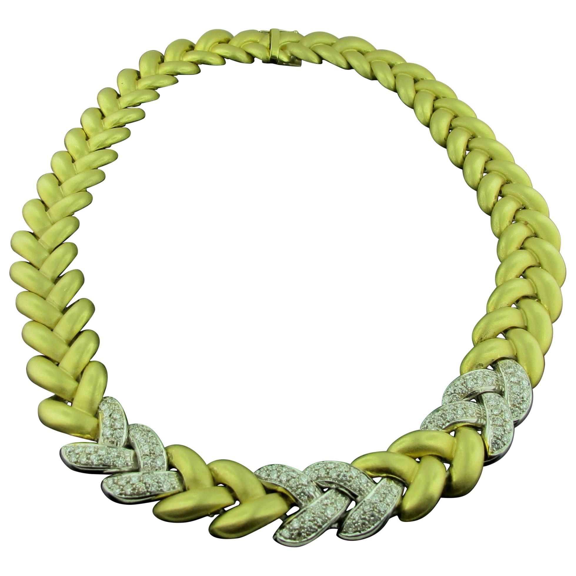 18 Karat Yellow Gold and Diamond Woven Necklace in Matte Finish