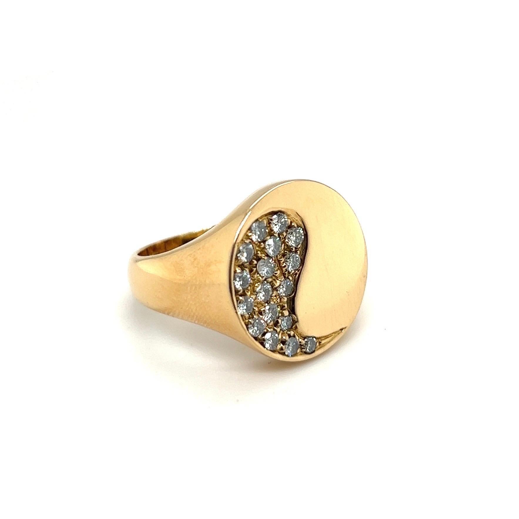 Mystical 18 karat yellow gold and diamond yin and yang cocktail ring.

Crafted in 18 karat yellow gold, the ring head designed as a yin and yang motif in high polished gold, respectively decorated with 17 brilliant-cut diamonds totalling circa 0.43