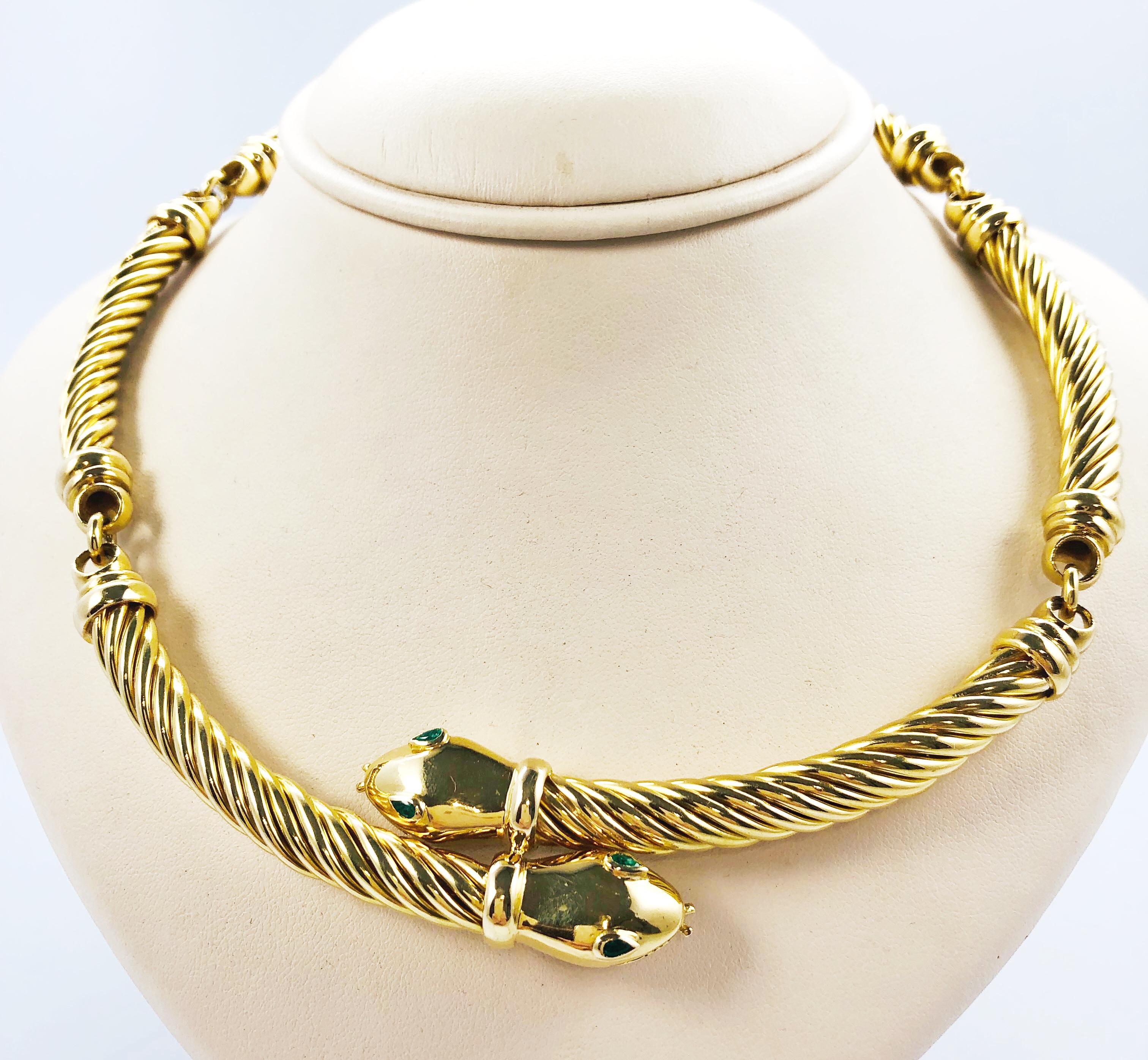 18 Karat Yellow Gold and Emerald Cable Link Double Snake Necklace 4
