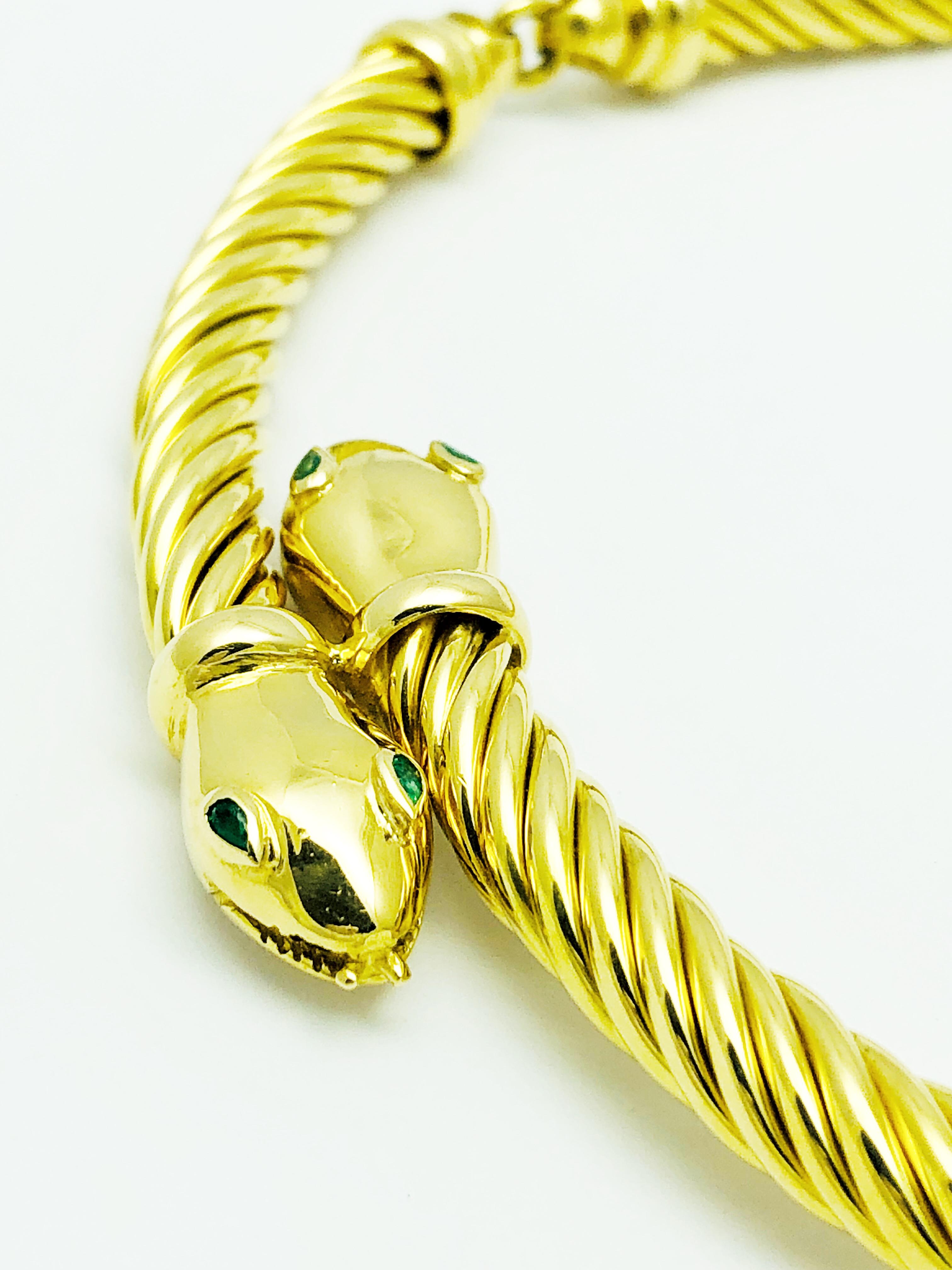 18 Karat Yellow Gold and Emerald Cable Link Double Snake Necklace In Excellent Condition In Birmingham, AL