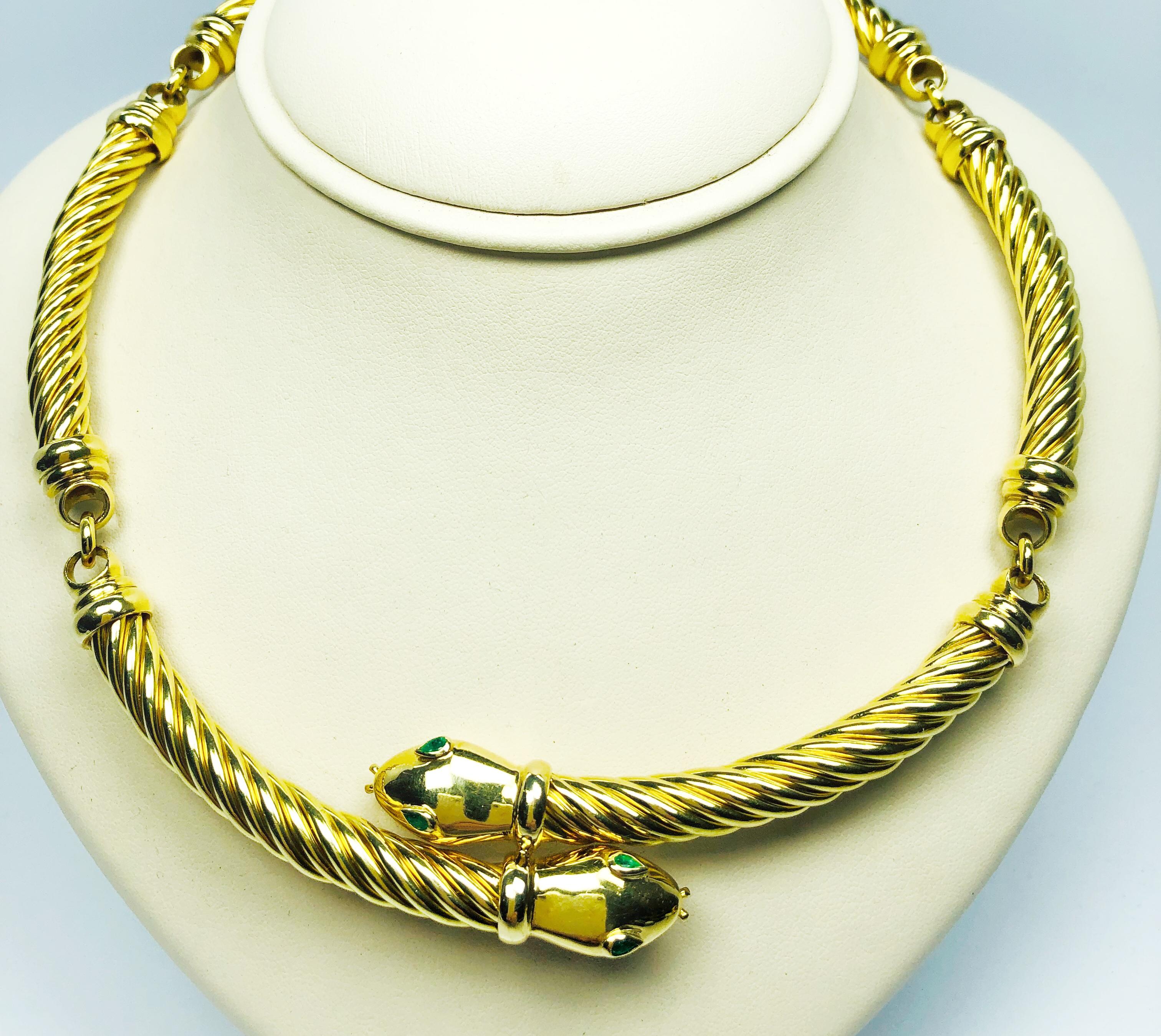 18 Karat Yellow Gold and Emerald Cable Link Double Snake Necklace 1