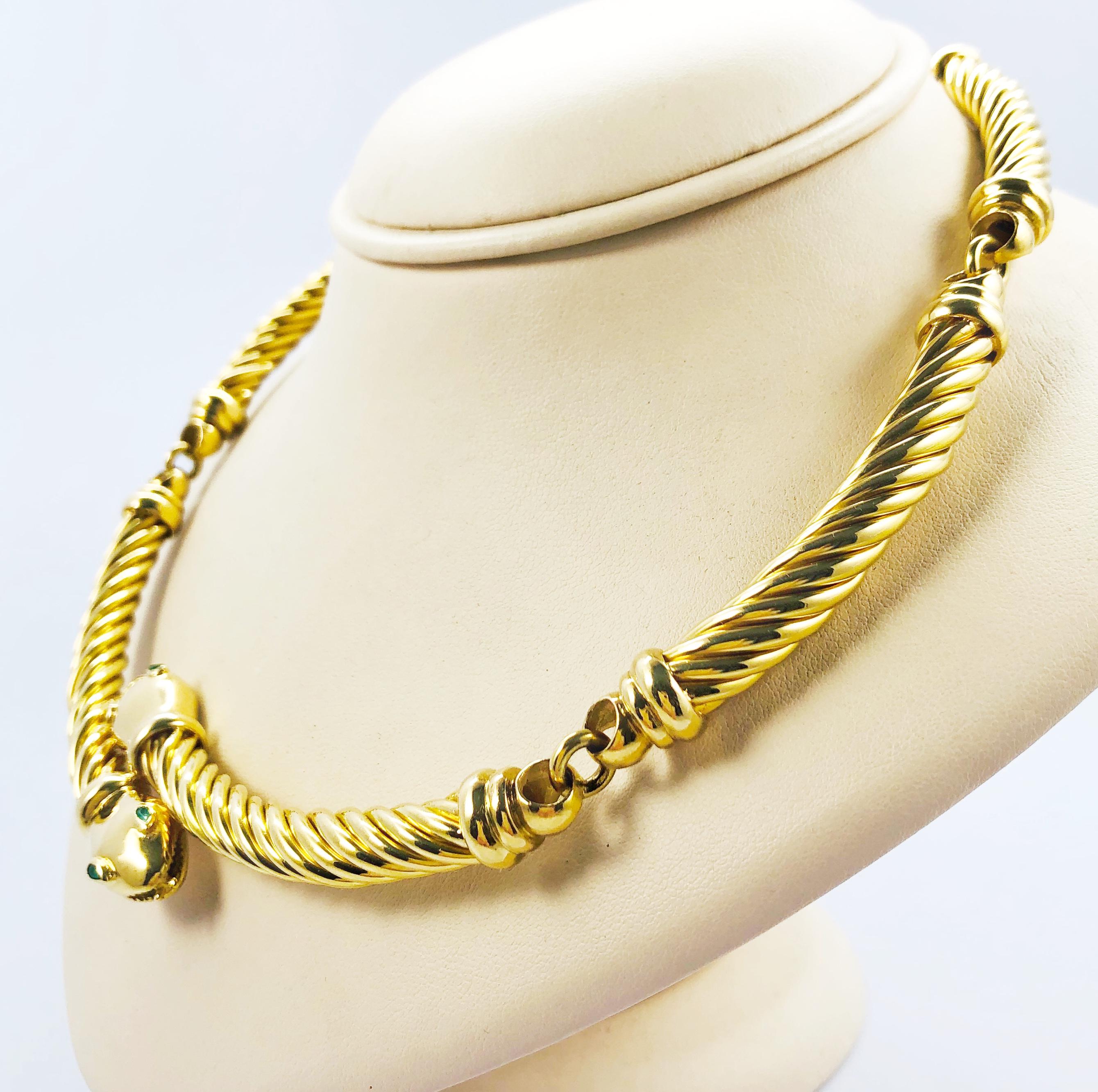 18 Karat Yellow Gold and Emerald Cable Link Double Snake Necklace 2