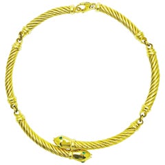 18 Karat Yellow Gold and Emerald Cable Link Double Snake Necklace
