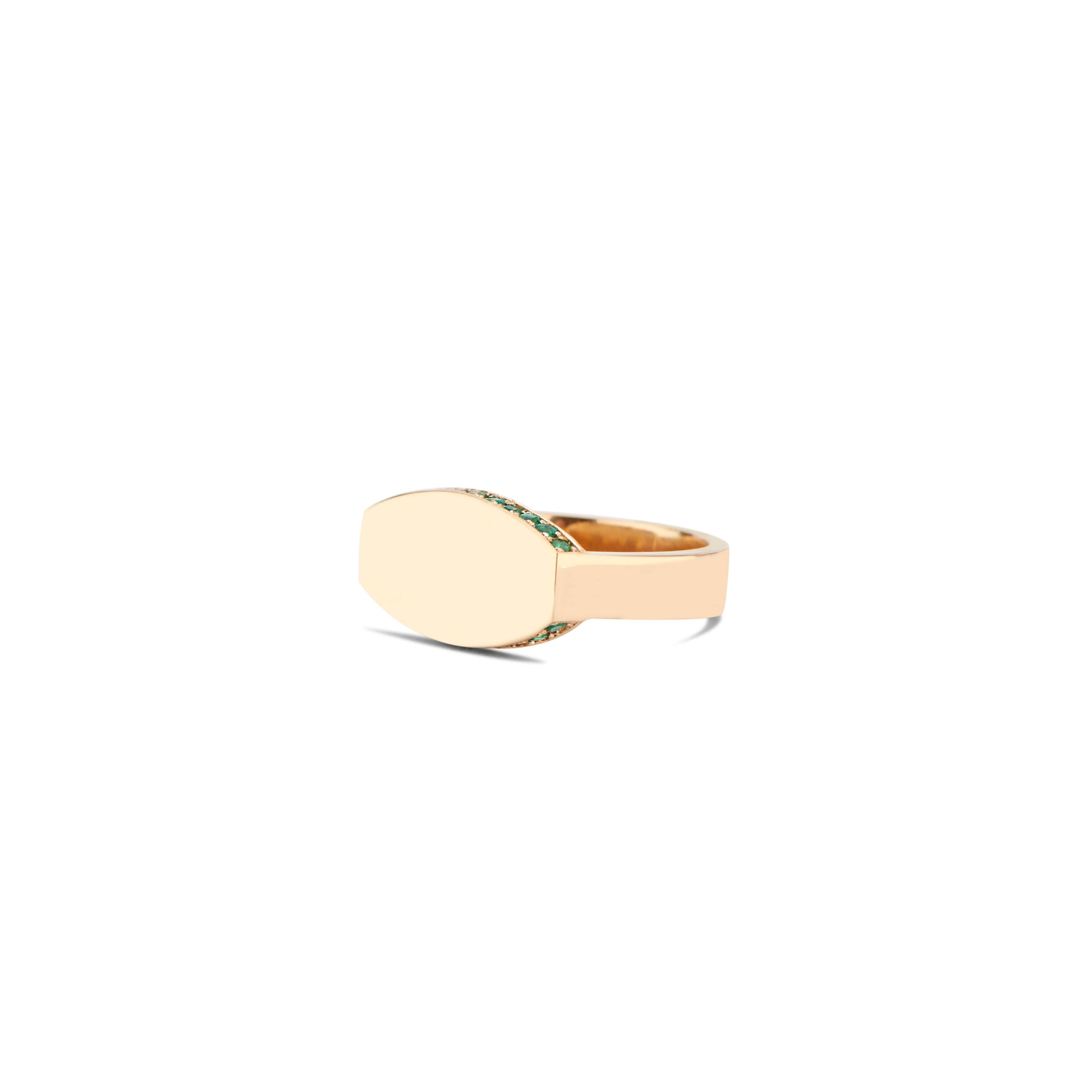 Available to ship immediately, this stunning 18k yellow gold signet marries the modern shape of the 