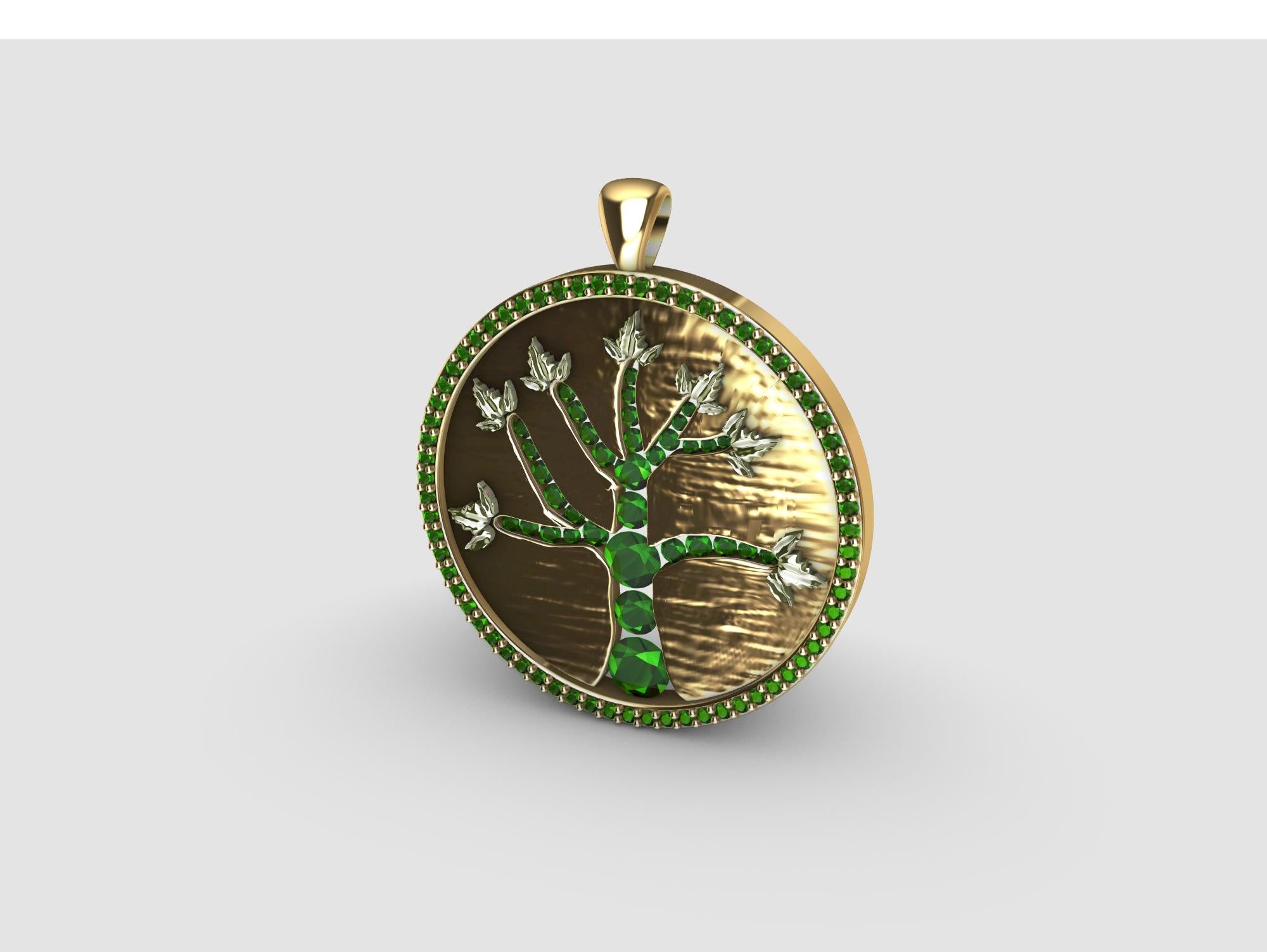 18 Karat Yellow Gold and Emeralds Tree of Life Pendant, Tiffany designer Thomas Kurilla  has Redesigned the Tree of Life with more vigor. To bring more joy into your lfe. Light is Life, why not diamonds for the tree trunk?  Life is precious . We