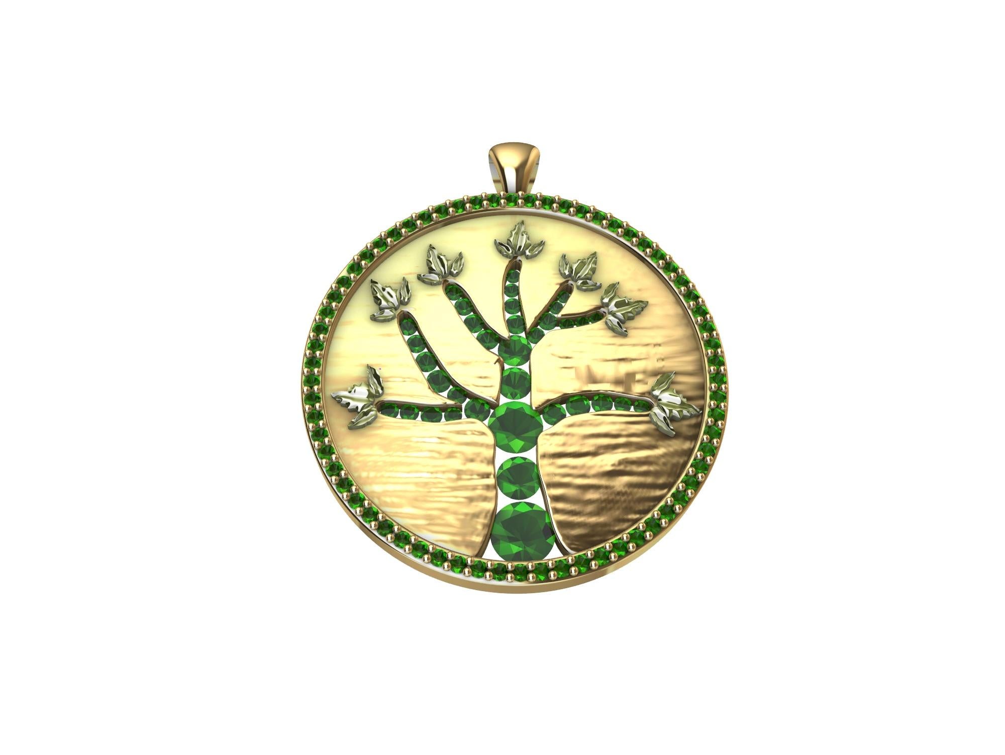 Contemporary 18 Karat Yellow Gold and Emeralds Tree of Life Pendant For Sale