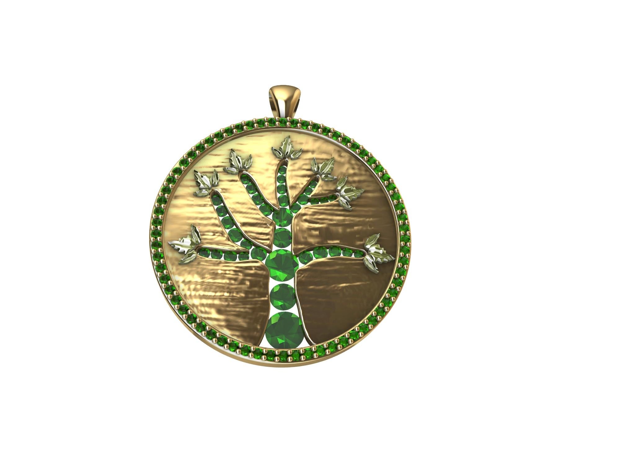 Round Cut 18 Karat Yellow Gold and Emeralds Tree of Life Pendant For Sale