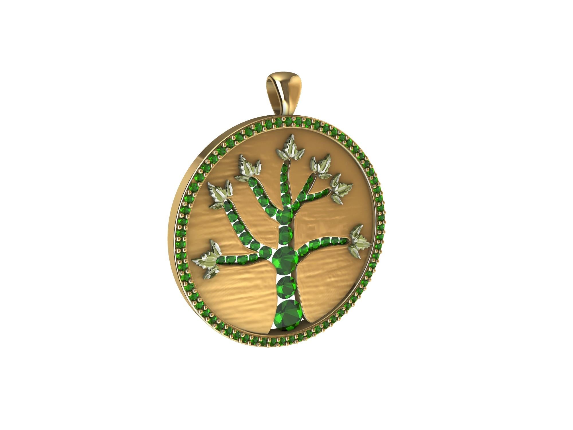 Women's or Men's 18 Karat Yellow Gold and Emeralds Tree of Life Pendant For Sale