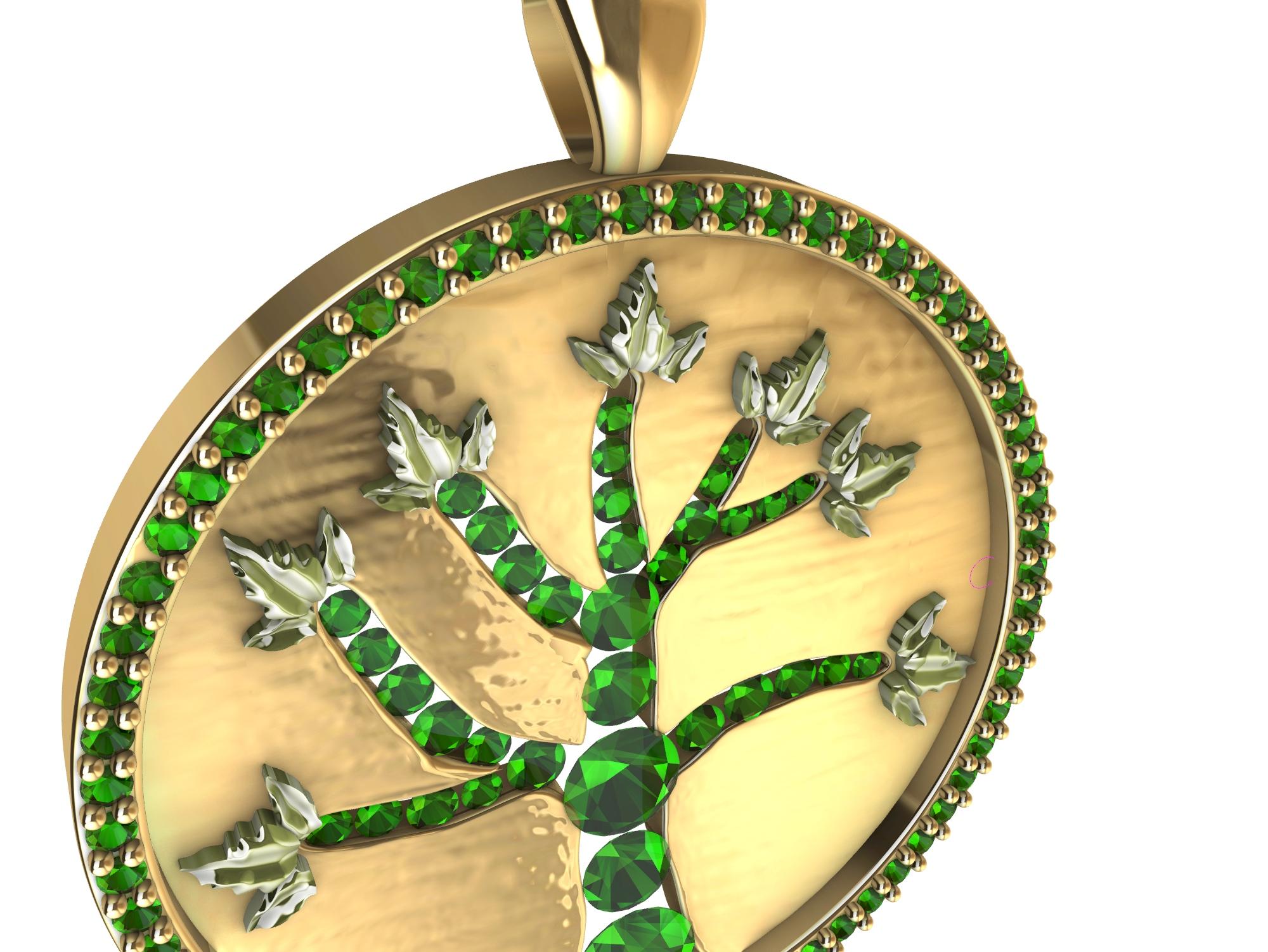18 Karat Yellow Gold and Emeralds Tree of Life Pendant For Sale 1