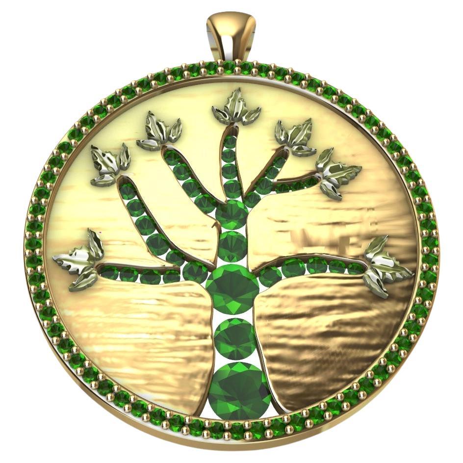 18 Karat Yellow Gold and Emeralds Tree of Life Pendant For Sale