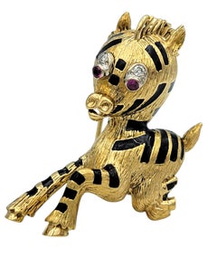 Jumping Zebra Brooch with Rubies and Diamonds 18 Karat Yellow Gold and Enamel