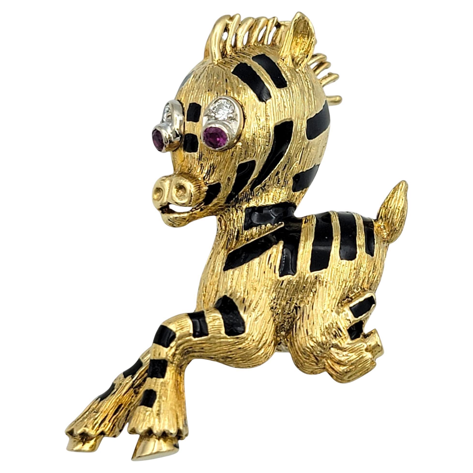 18 Karat Yellow Gold and Enamel Jumping Zebra Brooch with Rubies and Diamonds