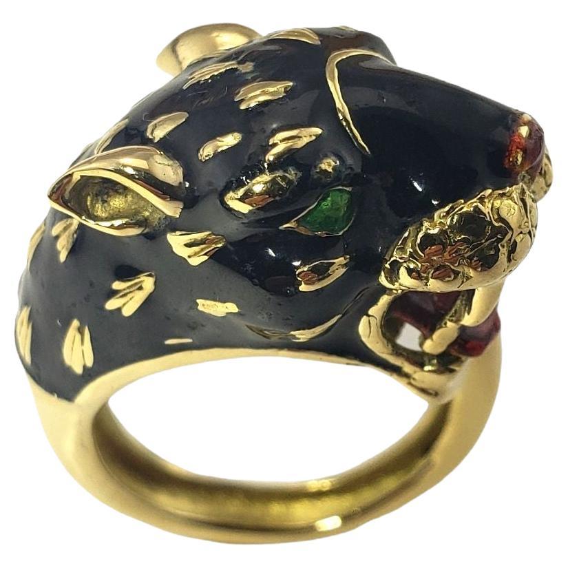 18 Karat Yellow Gold and Enamel Panther Ring