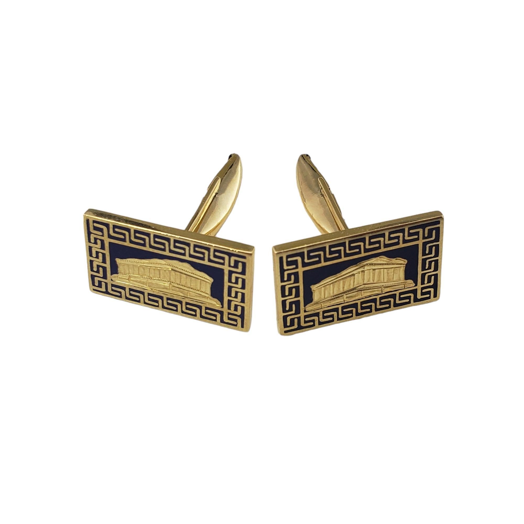 Vintage 18 Karat Yellow Gold Parthenon Cufflinks-

These stunning cufflinks depicts the iconic Parthenon in Greece, a temple which stands as a monument to democracy.  Beautifully detailed in blue enamel and 18K yellow gold.

Size:  21.0 mm x 12.7