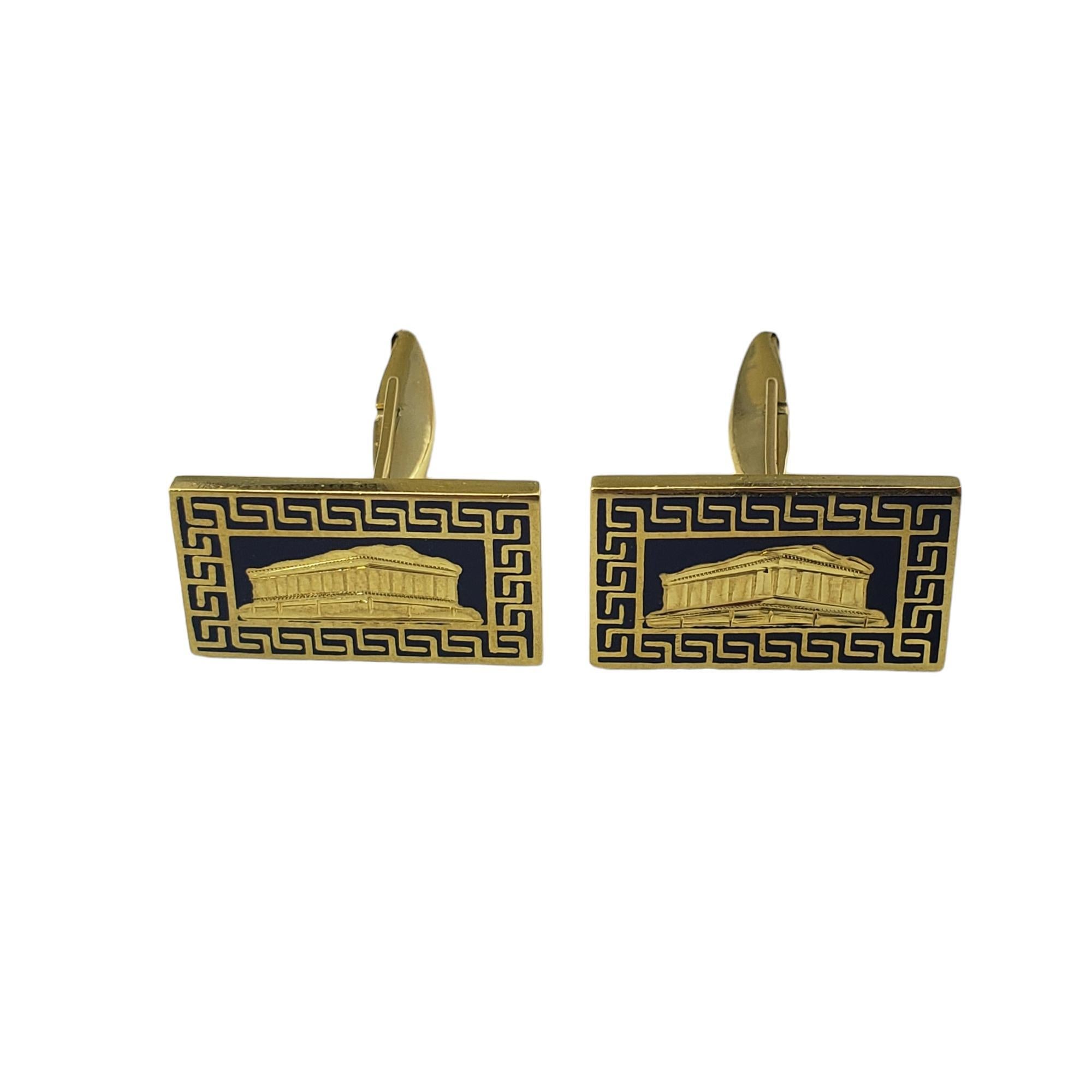  18 Karat Yellow Gold and Enamel Parthenon Cufflinks #15529 In Good Condition For Sale In Washington Depot, CT