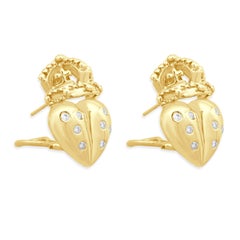 18 Karat Yellow Gold and Flush Set Round Diamond Royal Heart Earrings