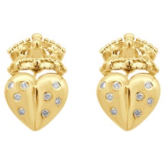 18 Karat Yellow Gold and Flush Set Round Diamond Royal Heart Earrings