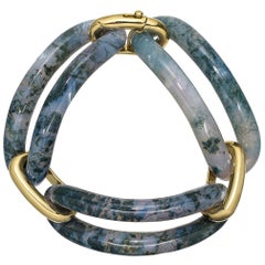 18 Karat Yellow Gold and Green Agate Three-Link Bracelet