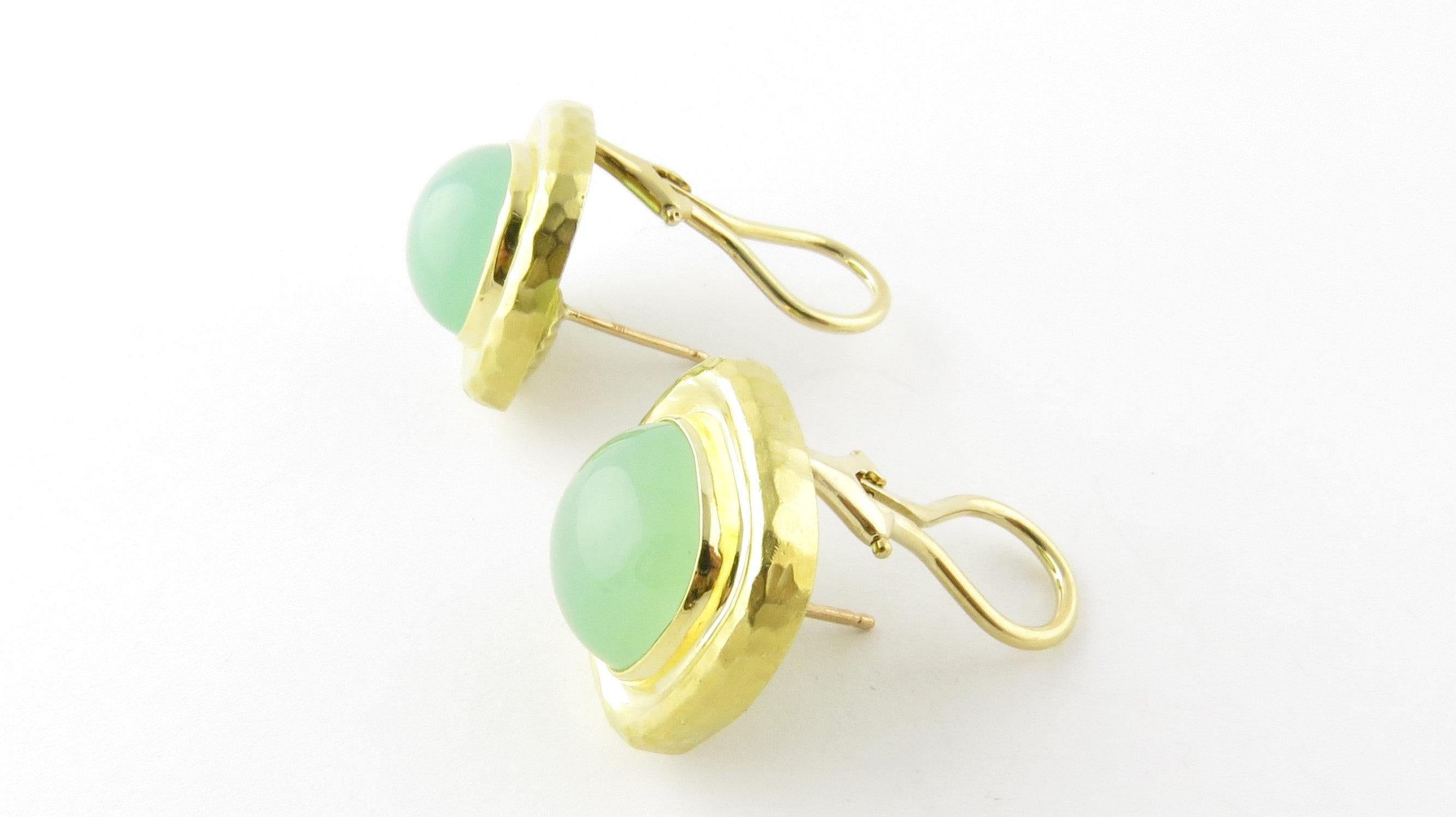 Vintage 18 Karat Yellow Gold and Jade MAZ Earrings- 
These stunning designer earrings each features one jade gemstone (12 mm x 12 mm) set in beautifully detailed 18K yellow gold. Hinge back closures. 
Size: 18 mm x 18 mm (actual charm) 
Weight: 9.0